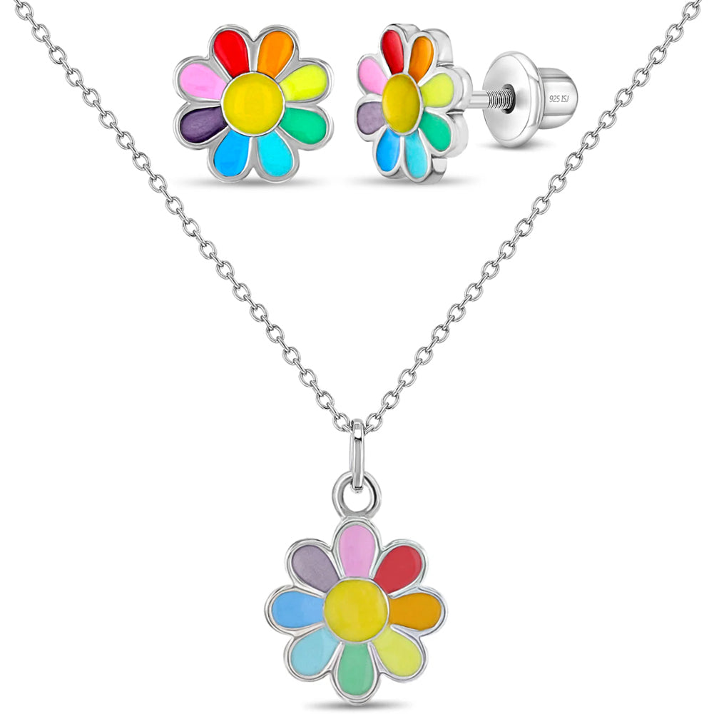 925 Sterling Silver Rainbow Enamel Daisy Necklace Jewelry Set For Young Girls