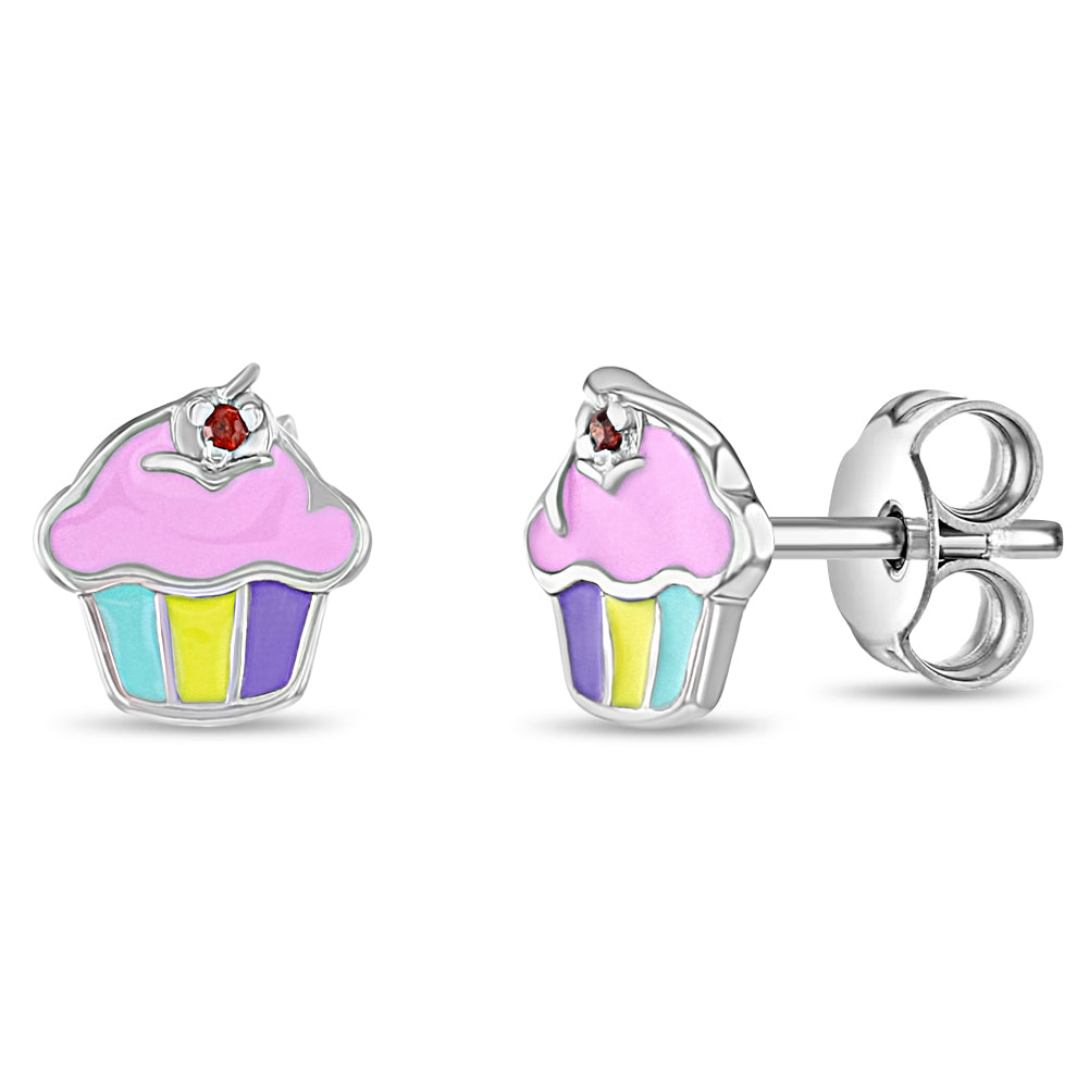 Pink Frosted Cupcake Kids / Children's / Girls Earrings Enamel - Sterling Silver