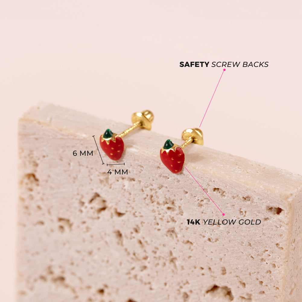 14k Gold Summer Strawberry Baby / Toddler / Kids Earrings Safety Screw Back Enamel