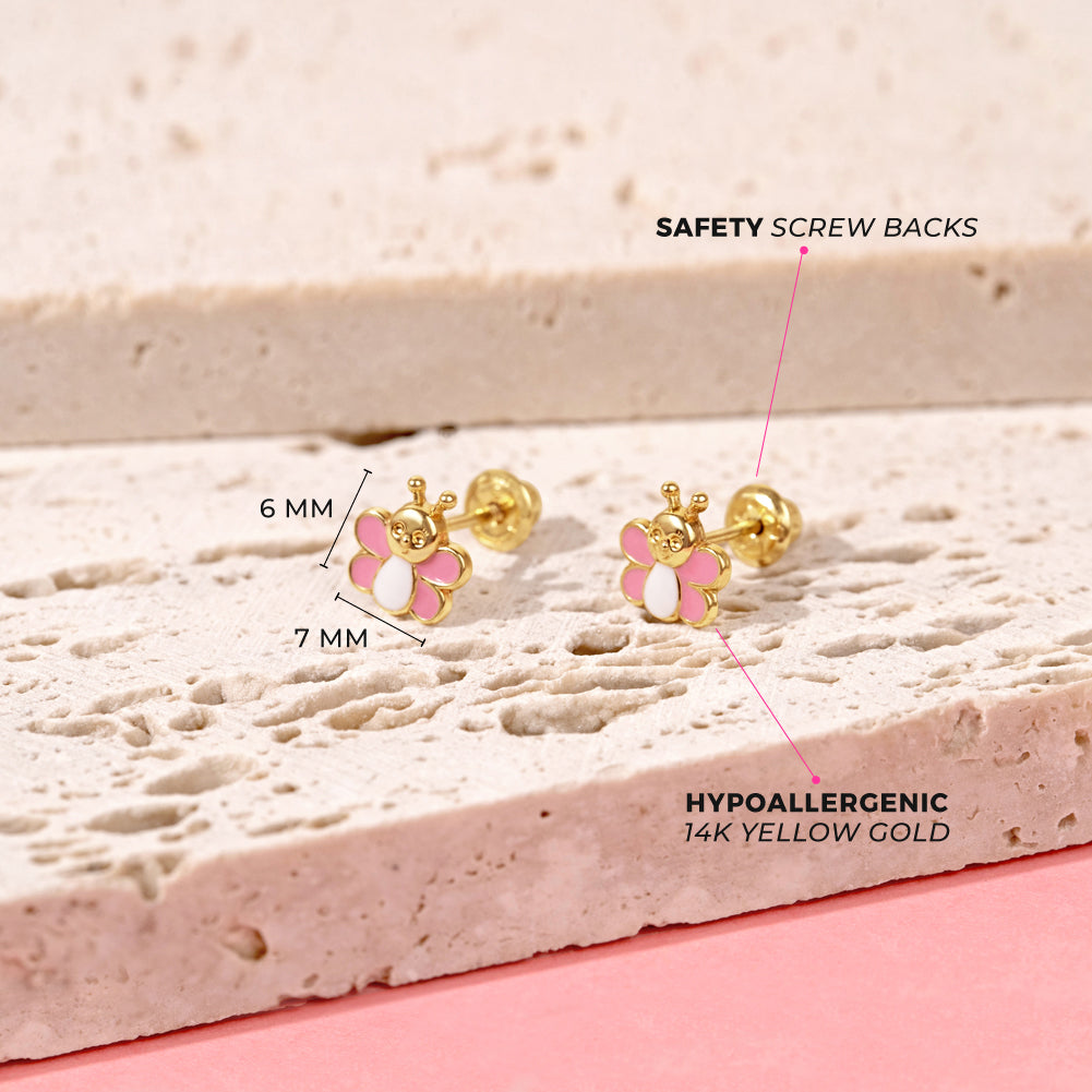 14k Gold Busy Bee Baby / Toddler / Kids Earrings Safety Screw Back Enamel