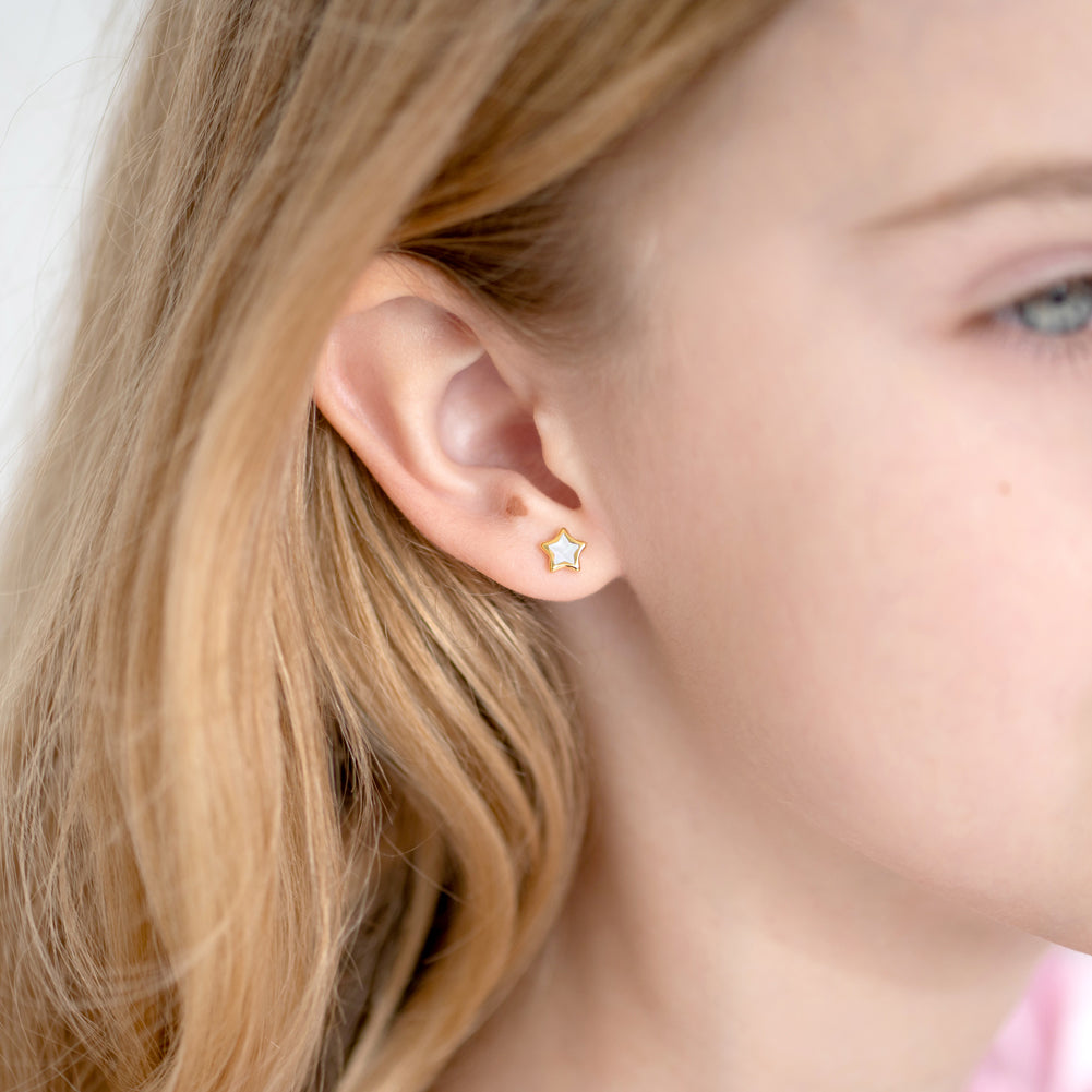 14k Gold Mother of Pearl Star Toddler / Kids / Girls Earrings Safety Screw Back