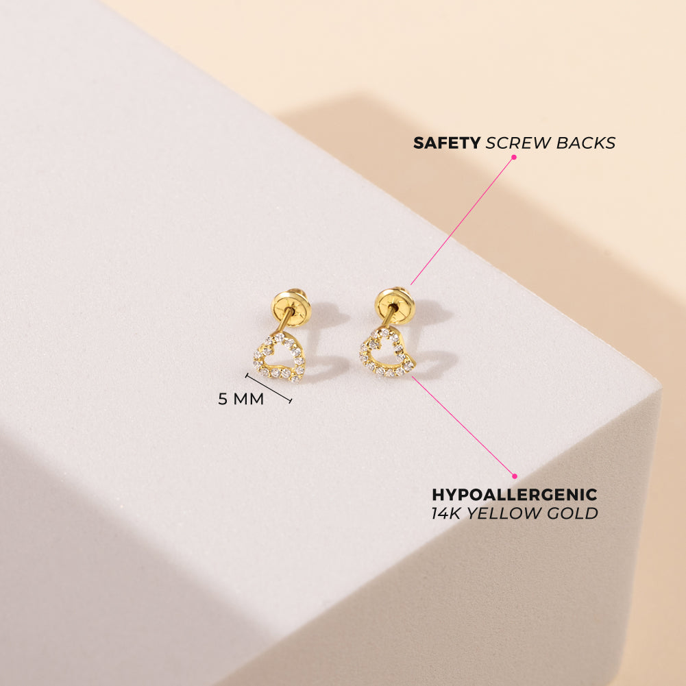 14k Gold CZ Encrusted Heart Clear Baby / Toddler / Kids Earrings Safety Screw Back