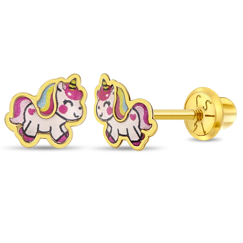 14k Gold Simply Unicorn Baby / Toddler / Kids Earrings Safety Screw Back Enamel