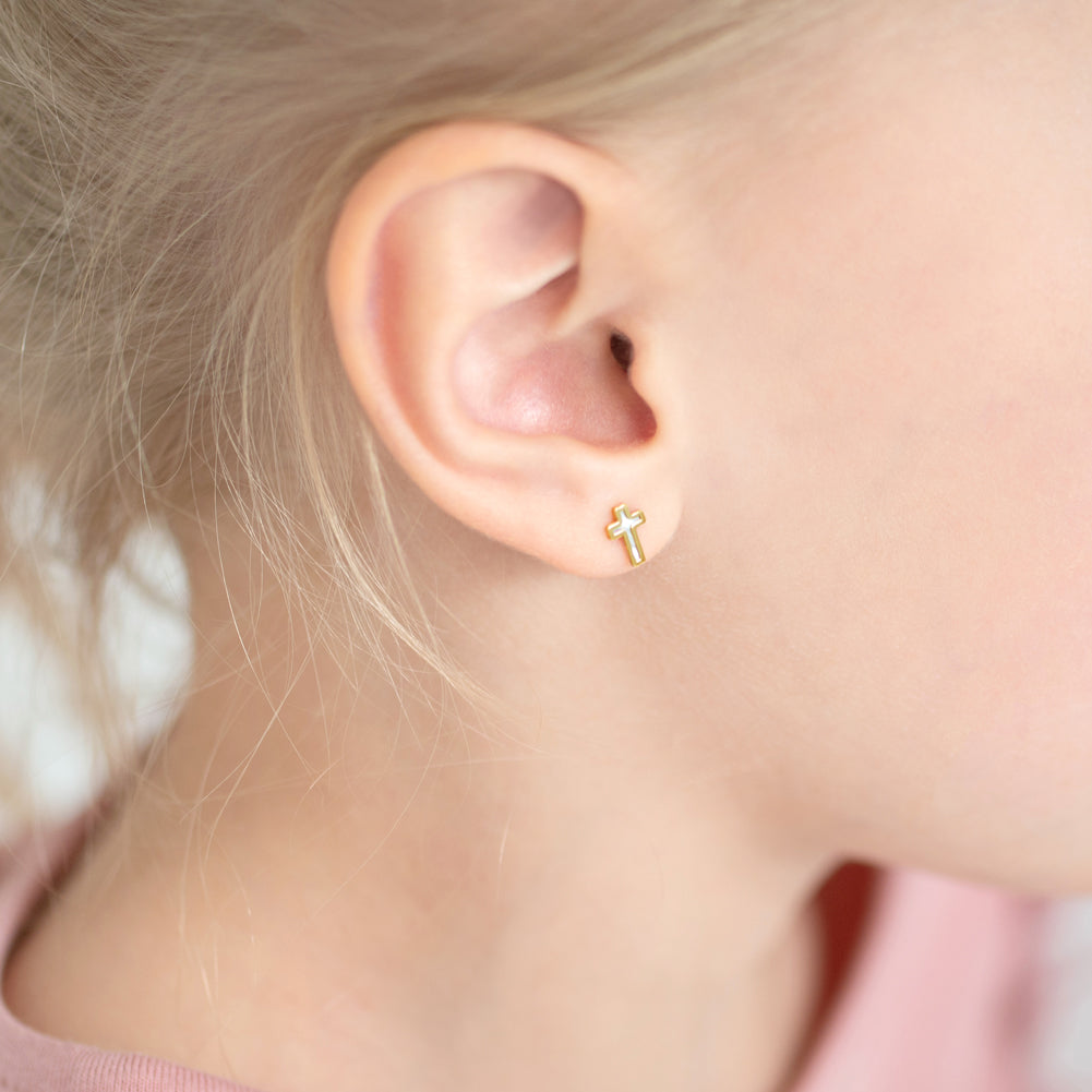 14k Gold Mother of Pearl Cross Kids / Children's / Girls Earrings Safety Screw Back