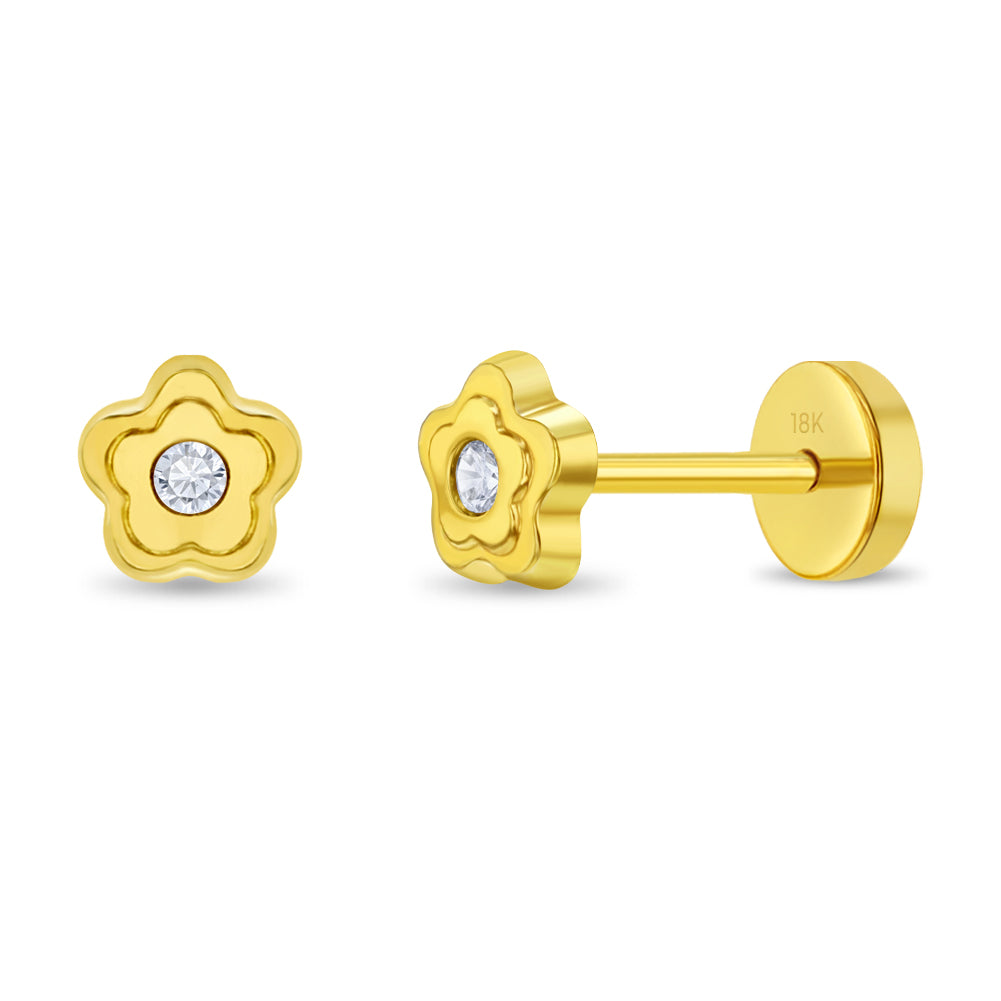 18k Gold Bezel Flower Clear Baby / Toddler / Kids Earrings Safety Push Back