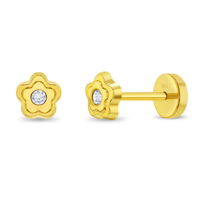 18k Gold Bezel Flower Clear Baby / Toddler / Kids Earrings Safety Push Back
