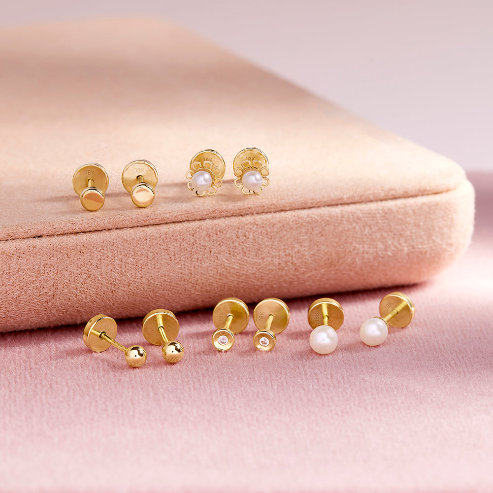 18k Gold Small Coin Baby / Toddler / Kids Earrings Safety Push Back