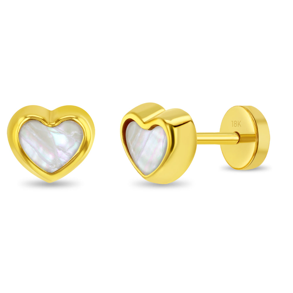 18k Gold Mother of Pearl Heart Baby / Toddler / Kids Earrings Safety Push Back