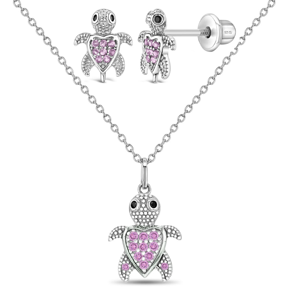 925 Sterling Silver Pink Cubic Zirconia Turtle Necklace Jewelry Set For Girls