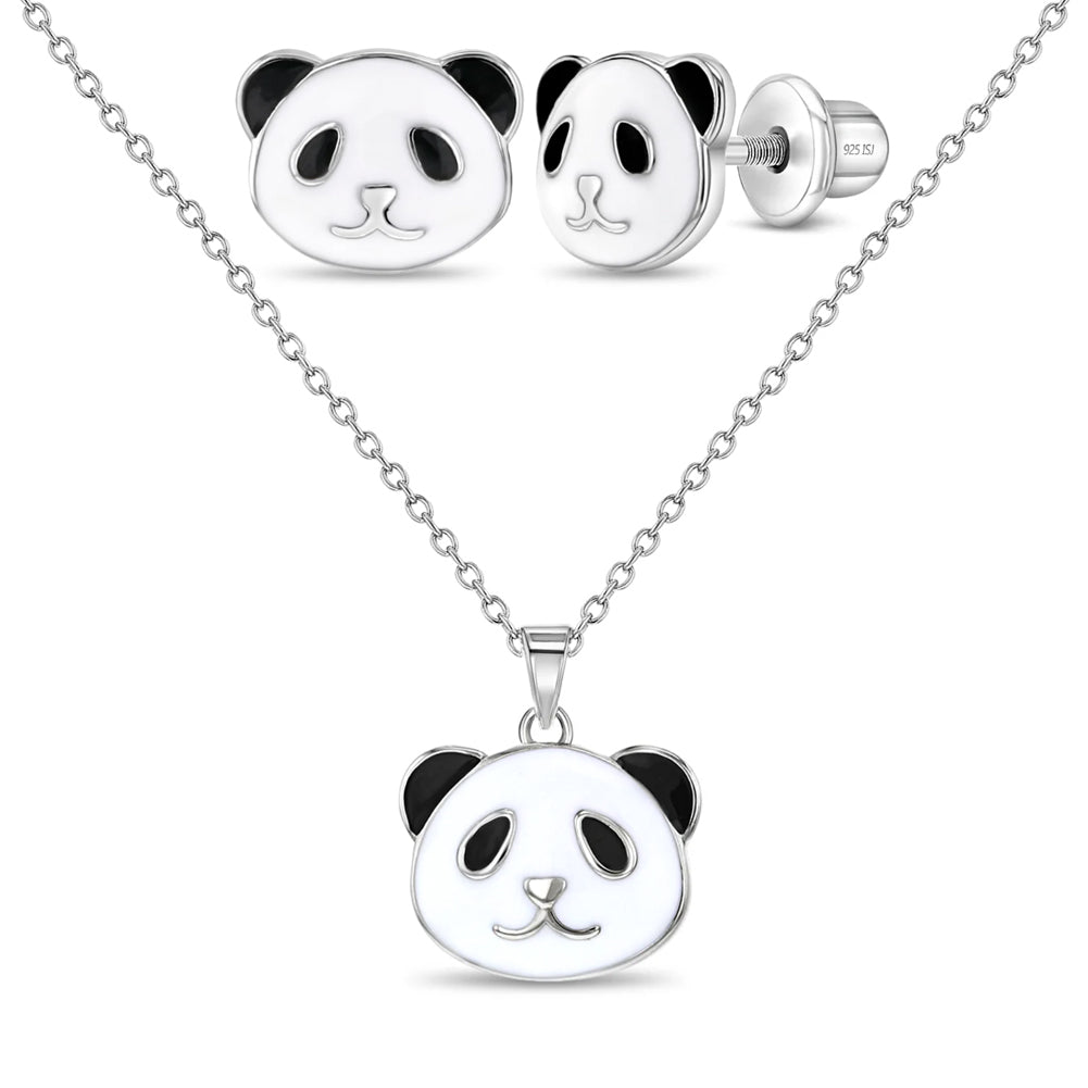 925 Sterling Silver White & Black Enamel Panda Bear Jewelry Set for Children & Teens