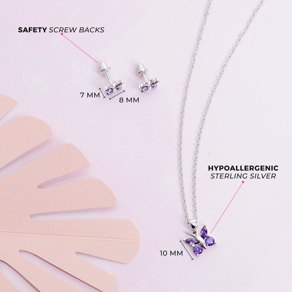 925 Sterling Silver Shiny Purple Cubic Zirconia Butterfly Jewelry Set