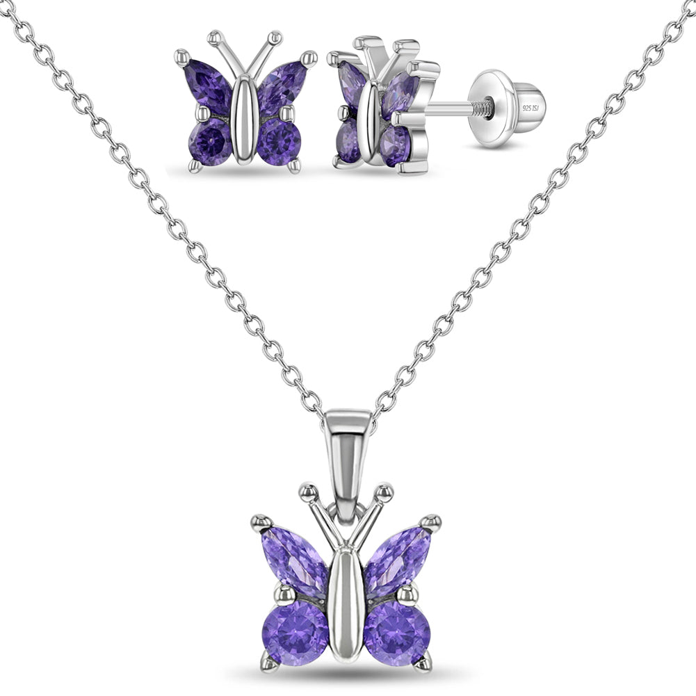 925 Sterling Silver Shiny Purple Cubic Zirconia Butterfly Jewelry Set for Young Girls