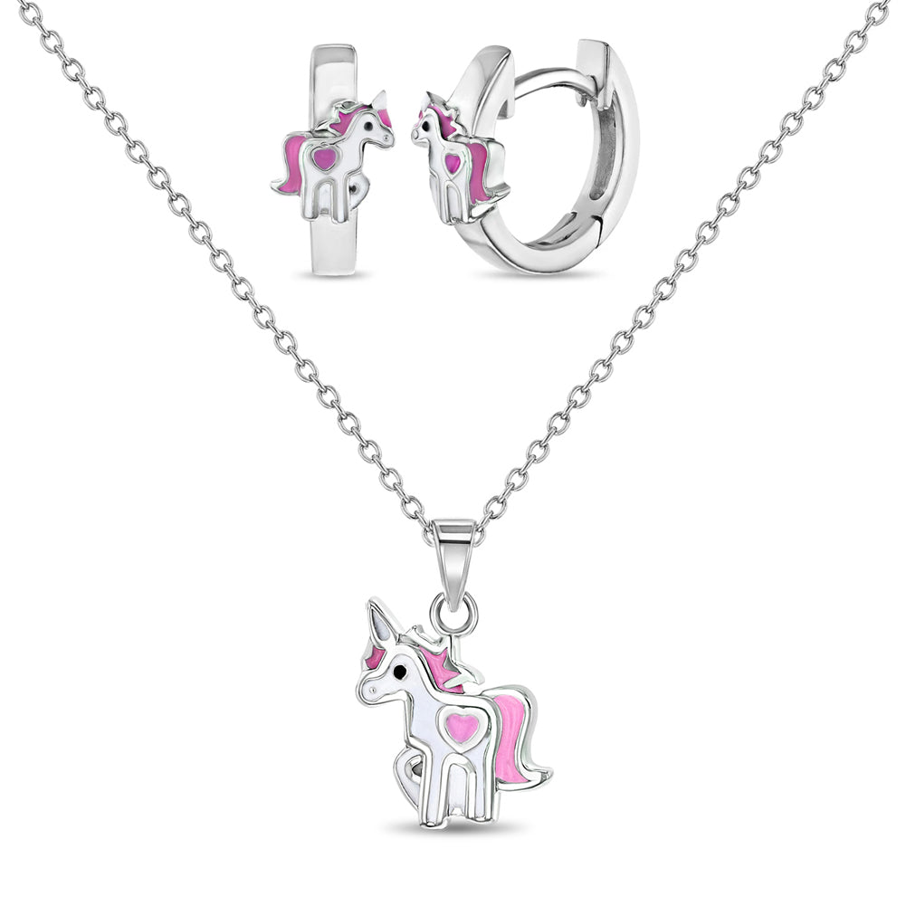 925 Sterling Silver Beautiful Pink & White Enamel Unicorn Jewelry Set for Young Girls