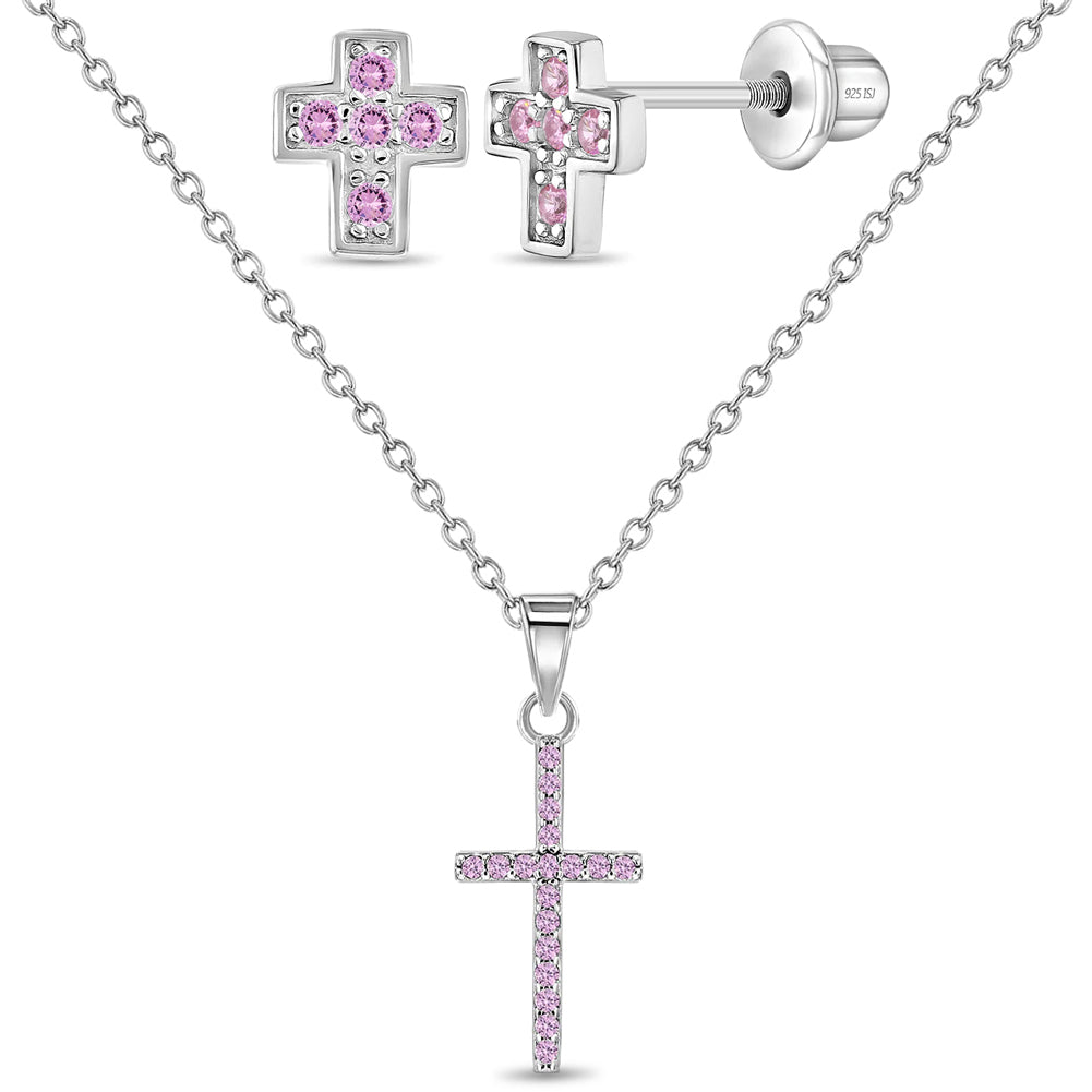 925 Sterling Silver Young Girl's Shiny Pink Cubic Zirconia Religious Cross Jewelry Set