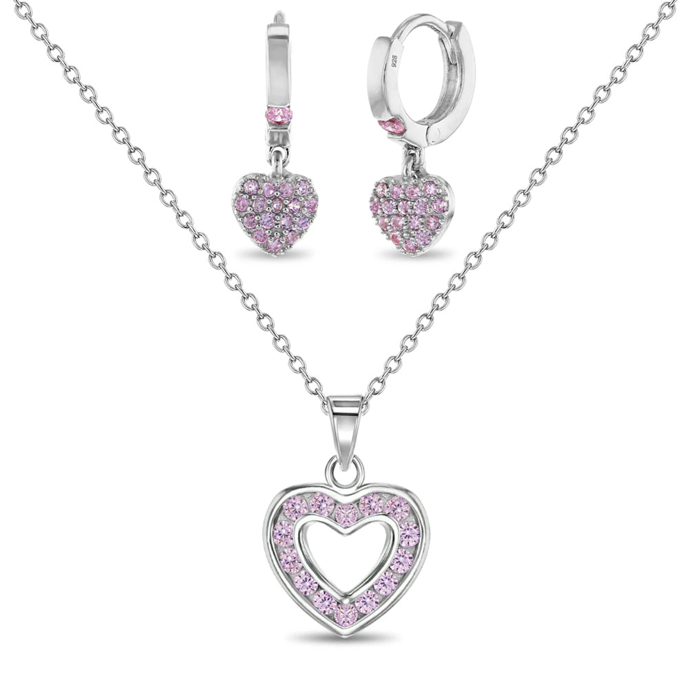 925 Sterling Silver Cute Pink Cubic Zirconia Heart Necklace & Earrings for Young Girls