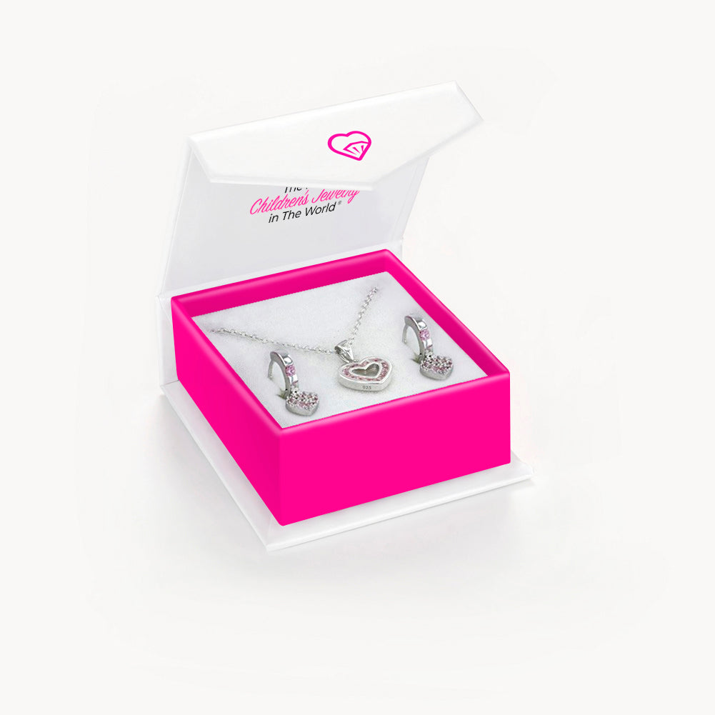 925 Sterling Silver Cute Pink Cubic Zirconia Heart Necklace & Earrings for Young Girls