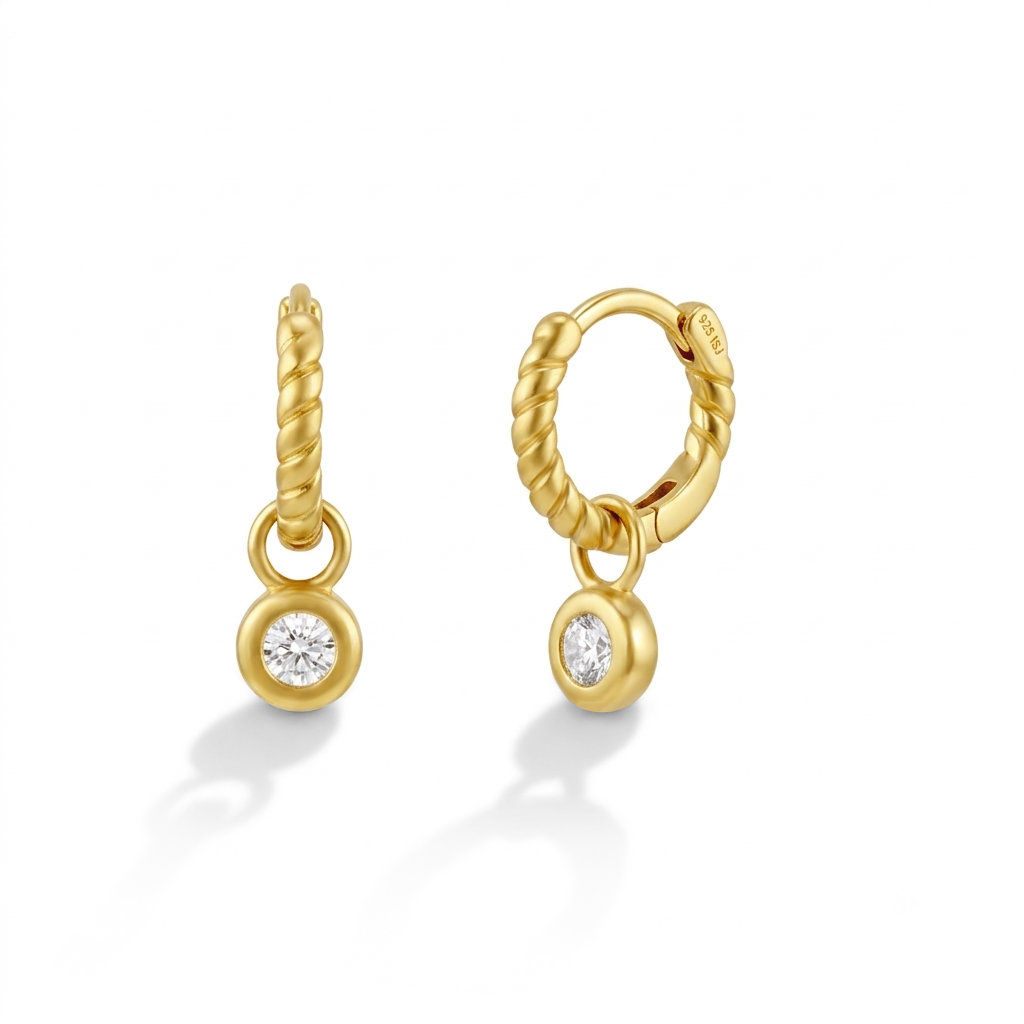 Rope Dangle 8mm Clear Kids / Children's / Girls Earrings Hoop/Huggie - 14k Gold Over Sterling Silver