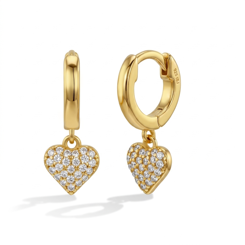 Puffed CZ Heart Clear 7mm Kids / Children's / Girls Earrings Hoop/Huggie - 14k Gold Over Sterling Silver