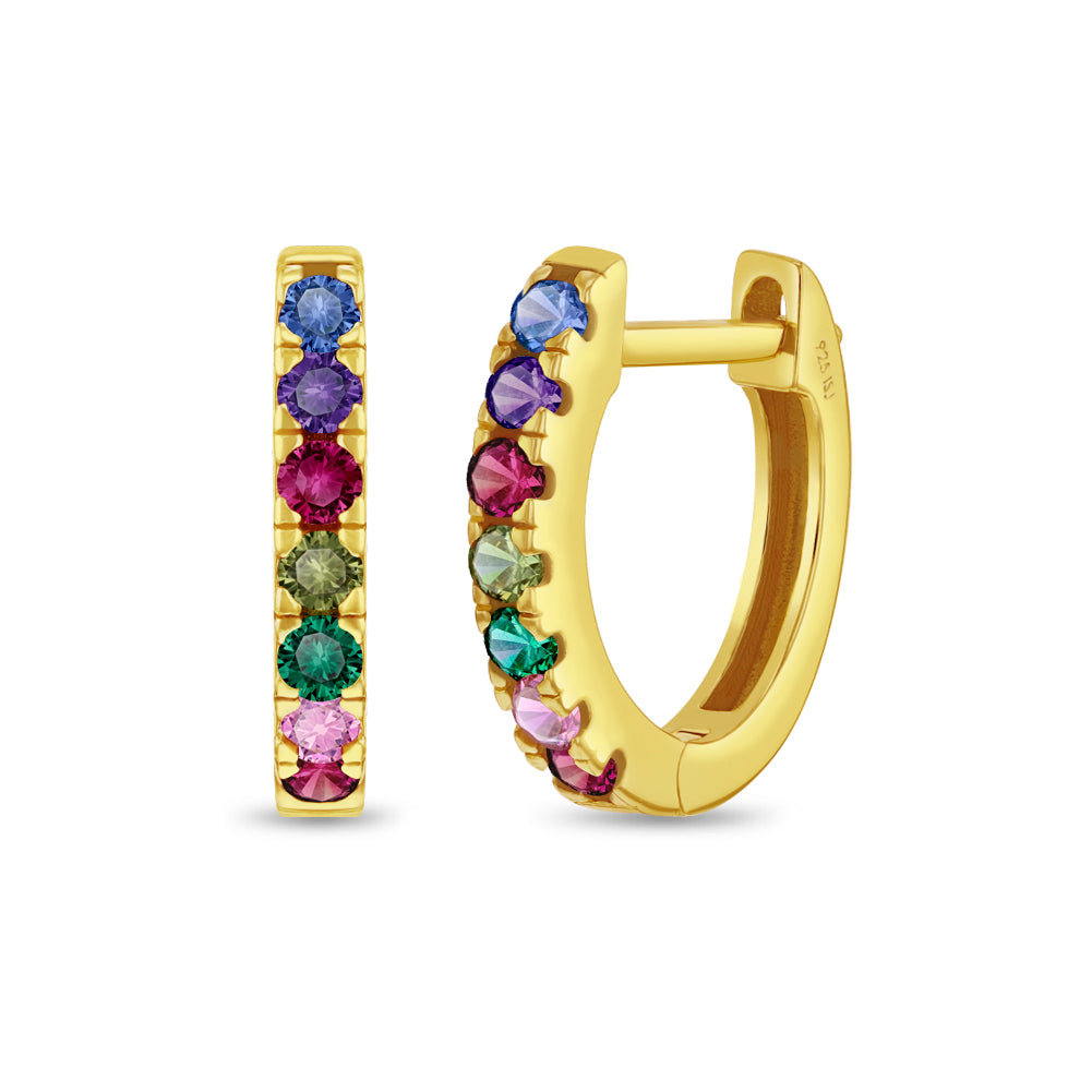 Multicolor Encrusted CZ 9mm Kids / Children's / Girls Earrings Hoop/Huggie - 14k Gold Over Sterling Silver