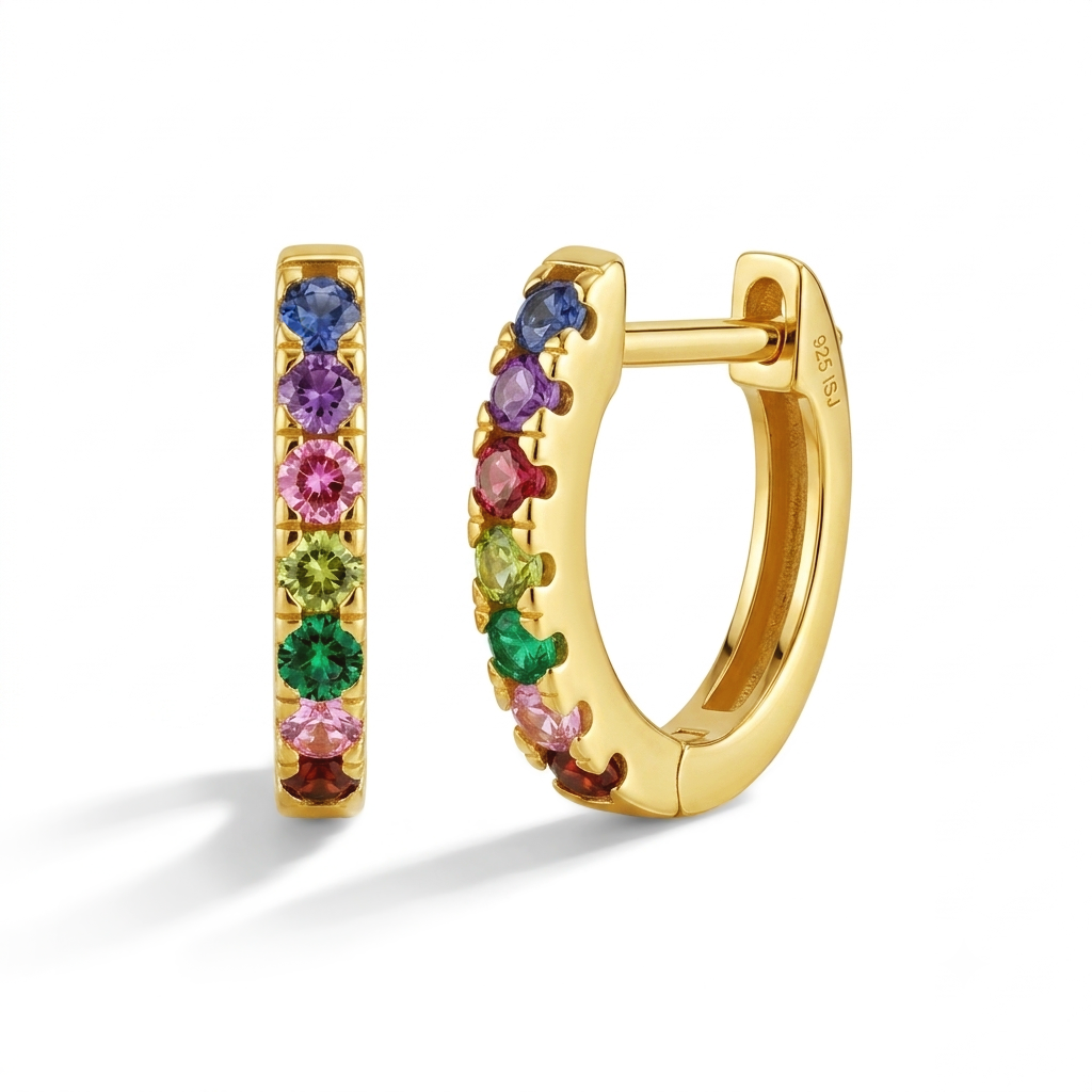 Multicolor Encrusted CZ 9mm Kids / Children's / Girls Earrings Hoop/Huggie - 14k Gold Over Sterling Silver