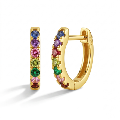 Multicolor Encrusted CZ 9mm Kids / Children's / Girls Earrings Hoop/Huggie - 14k Gold Over Sterling Silver