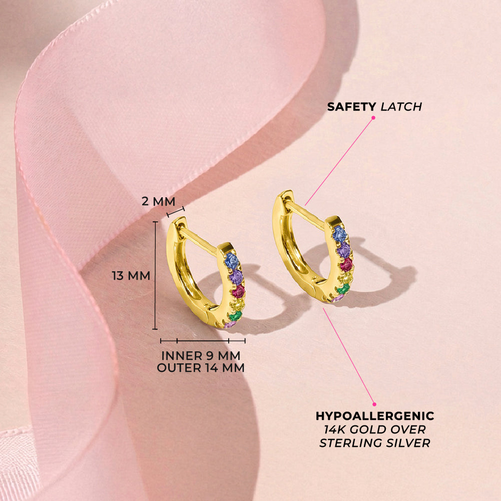 Multicolor Encrusted CZ 9mm Kids / Children's / Girls Earrings Hoop/Huggie - 14k Gold Over Sterling Silver