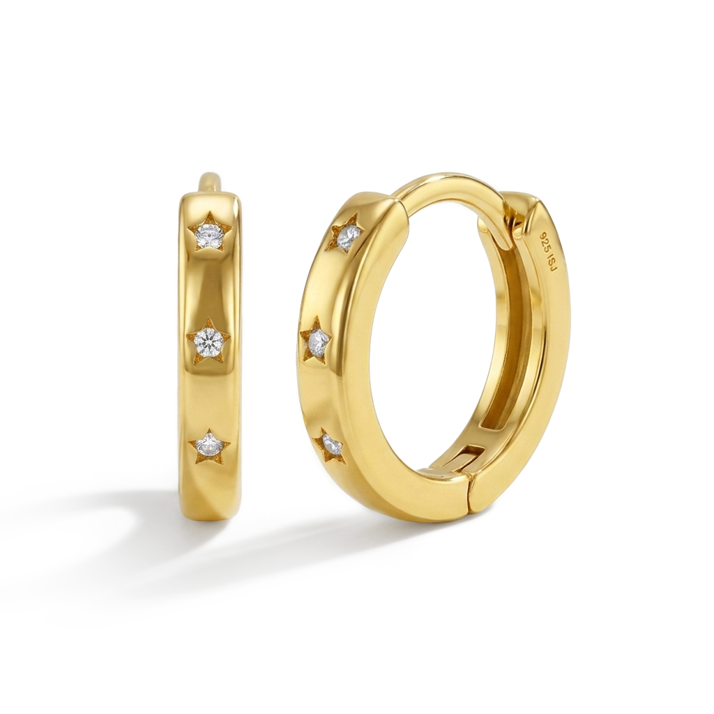 Star CZ 10mm Kids / Children's / Girls Earrings Hoop/Huggie - 14k Gold Over Sterling Silver