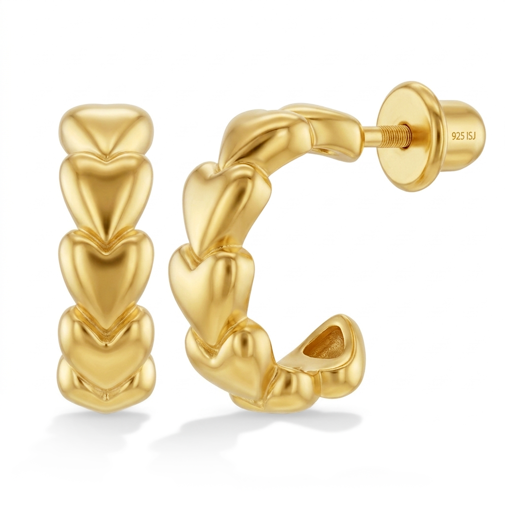 Cascading Puffed Hearts Kids / Children's / Girls Earrings Hoop/Huggie - 14k Gold Over Sterling Silver