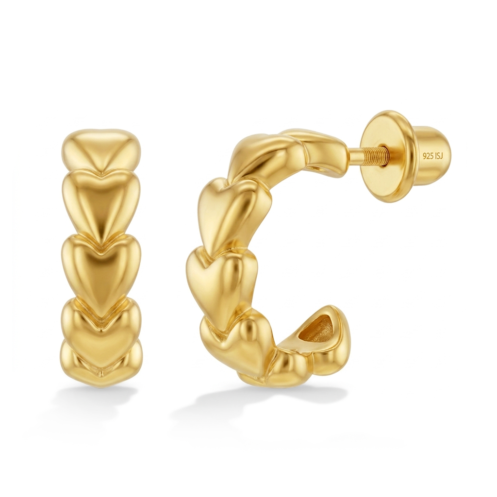 Cascading Puffed Hearts Kids / Children's / Girls Earrings Hoop/Huggie - 14k Gold Over Sterling Silver