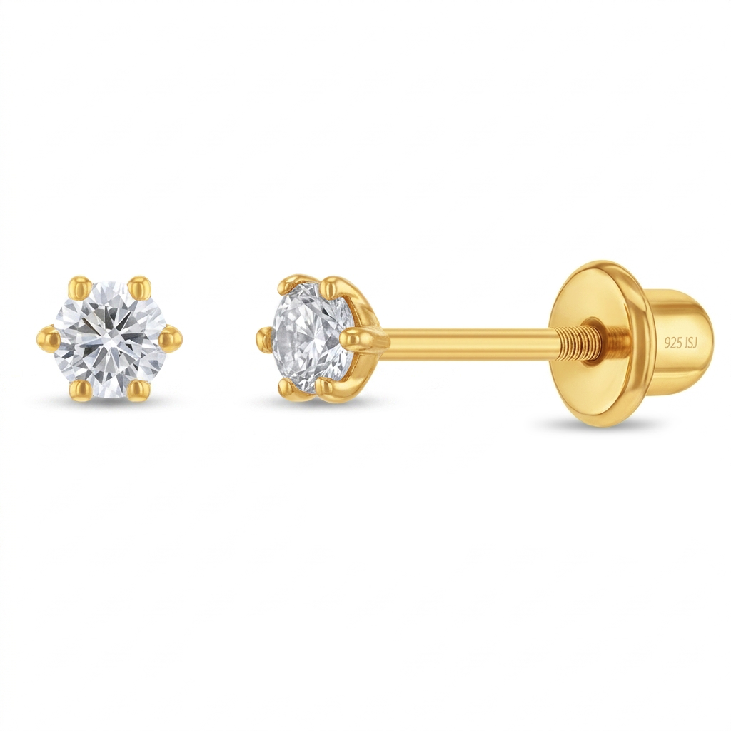 6 Pronged CZ Clear Kids / Children's / Girls Earrings Screw Back - 14k Gold Over Sterling Silver