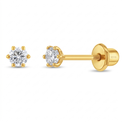 6 Pronged CZ Clear Kids / Children's / Girls Earrings Screw Back - 14k Gold Over Sterling Silver