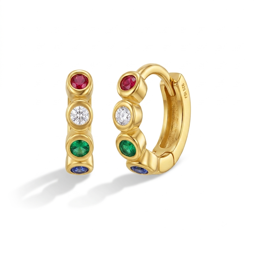 Multicolor Bezel Kids / Children's / Girls Earrings Hoop/Huggie - 14k Gold Over Sterling Silver