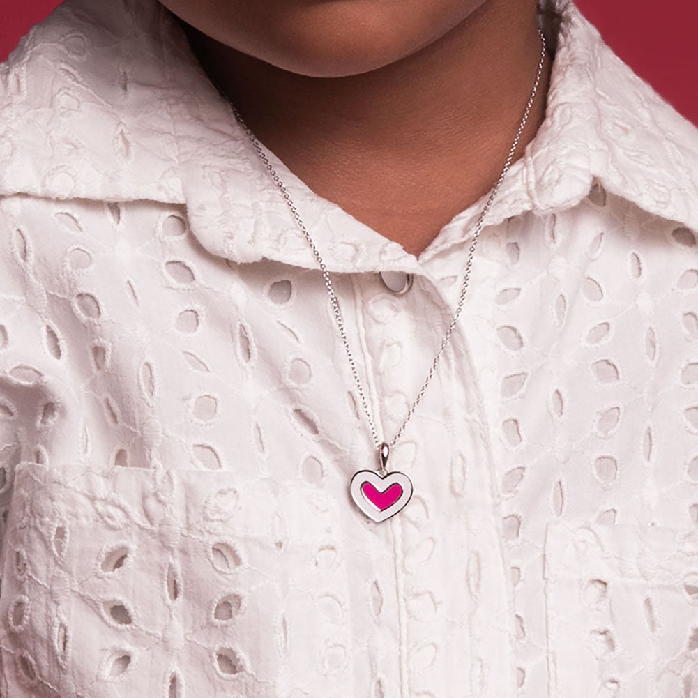 925 Sterling Silver Pink & White Enamel Cute Heart Jewelry Set for Children & Preteens