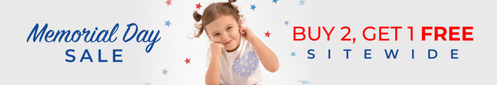 Memorial Day sale banner with a baby and text offering a buy 2, get 1 free sitewide deal.