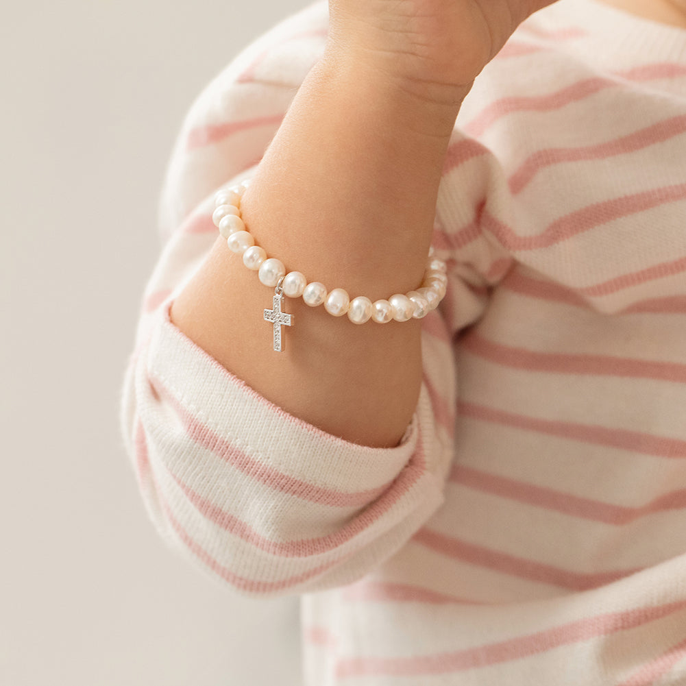 Baby Girl Bracelet, Pink Pearl, Catholic Cross Charm, Mary, Horn, Child,  Adult | eBay