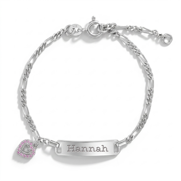 Pink CZ Heart Engravable Kids Bracelet