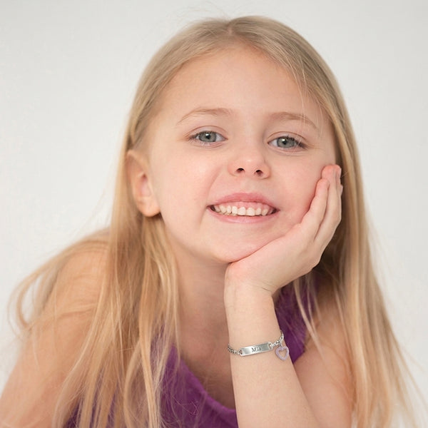 Pink CZ Heart Engravable Kids Bracelet