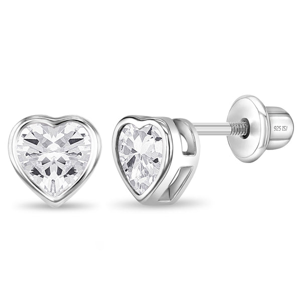 Bezel CZ Heart Girls Earrings