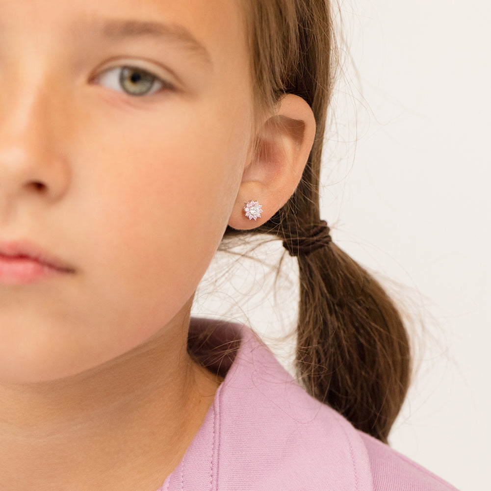 Pink & Clear CZ Flower Kids / Children's / Girls Earrings Screw Back - Sterling Silver at in Season Jewelry