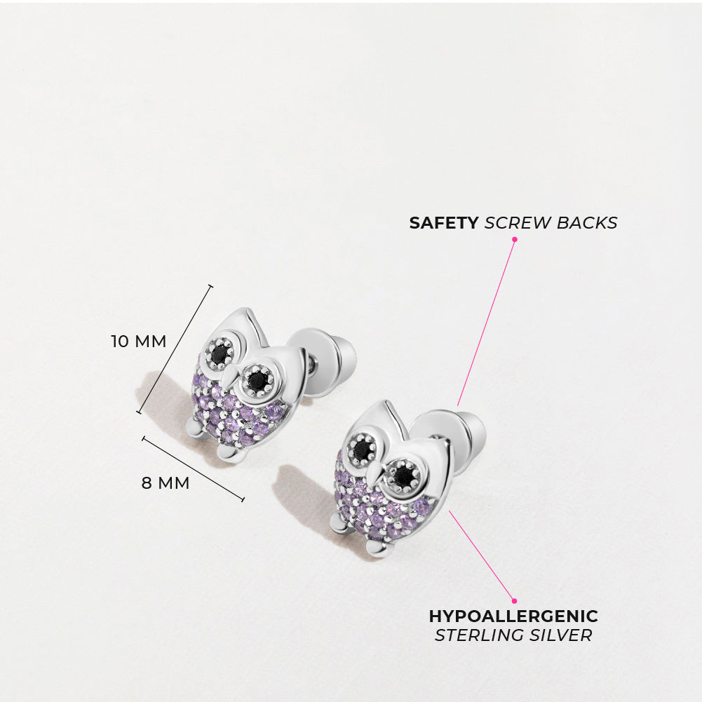 Hoot CZ Owl Baby / Toddler / Kids Earrings Screw Back - Sterling Silver