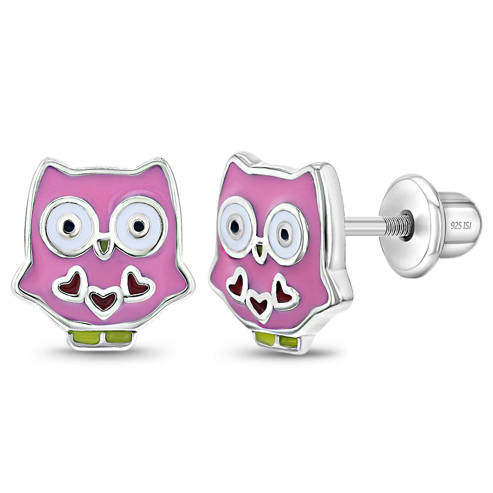 925 Sterling Silver Multicolor Enamel Cute Owl Earrings & Necklace Set for Young Girls
