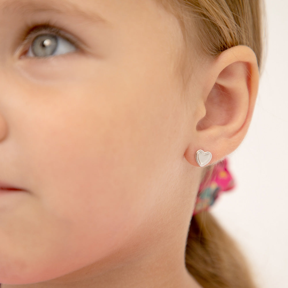 Detailed Polish Heart Baby / Toddler / Kids Earrings Screw Back - Sterling Silver