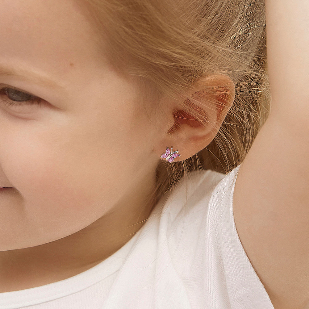 Butterfly Orecchini Da Bambina In Argento 925 Con Cristalli – Design Gatto Con Fiocco E Baffi – Regalo In Sacchetto