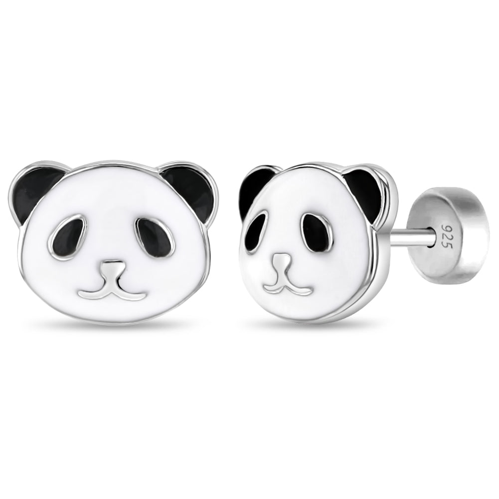 Baby Panda Baby / Toddler / Kids Earrings Safety Push Back Enamel - Sterling Silver