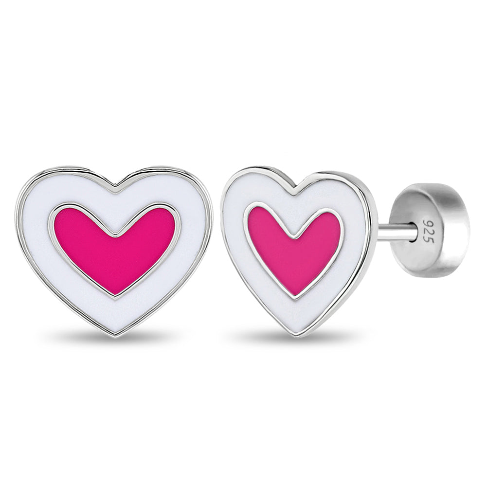 Hearts & More Hearts Baby / Toddler / Kids Earrings Safety Push Back Enamel - Sterling Silver