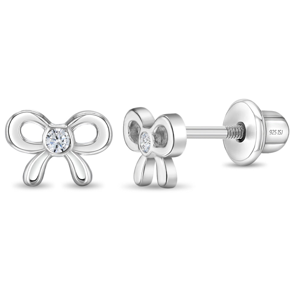 Delicate CZ Bow Baby / Toddler / Kids Earrings Screw Back - Sterling Silver