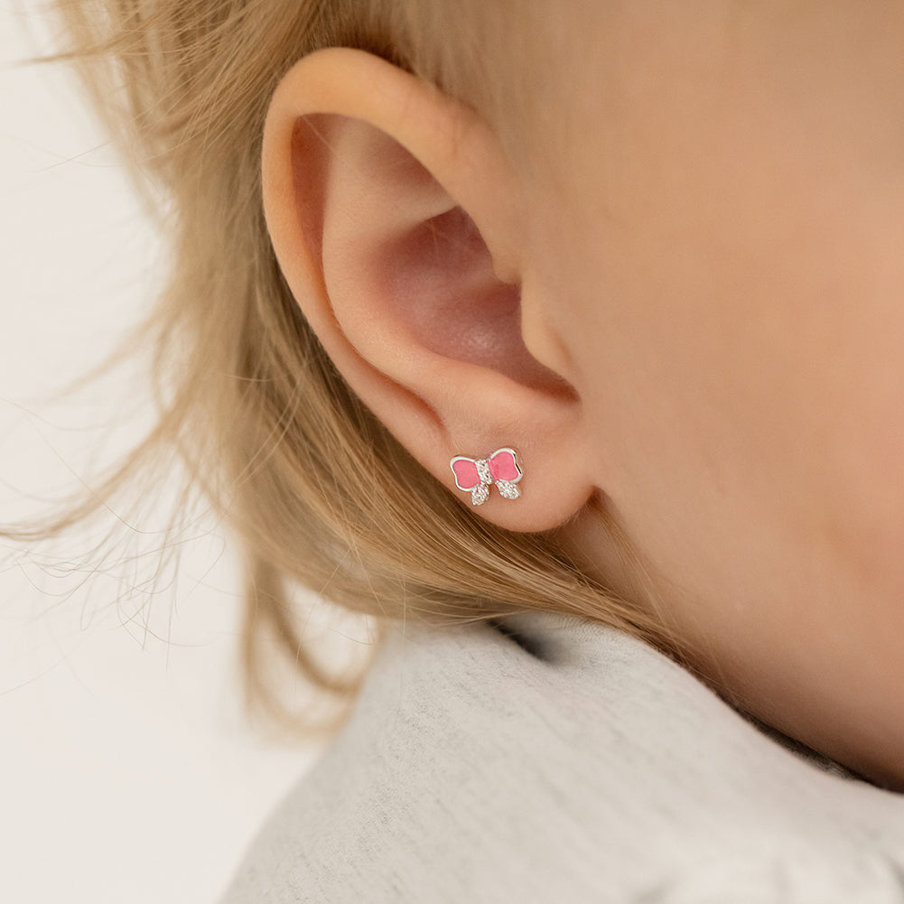Pretty in Pink Bow Baby / Toddler / Kids Earrings Screw Back Enamel - Sterling Silver