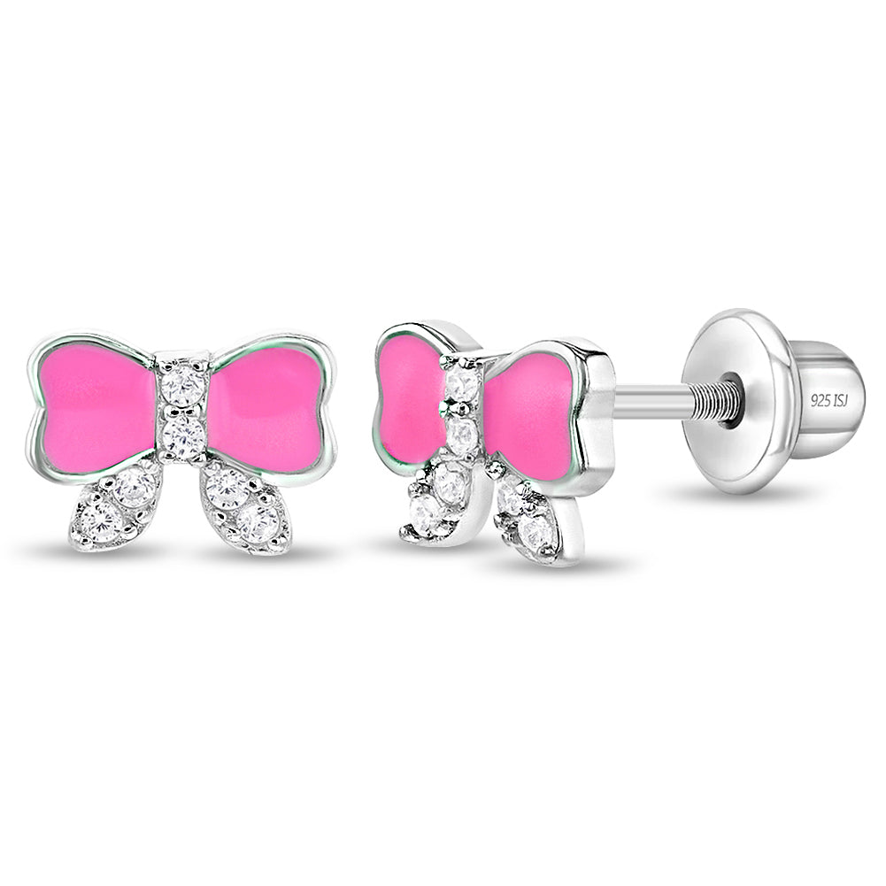 Pretty in Pink Bow Baby / Toddler / Kids Earrings Screw Back Enamel 