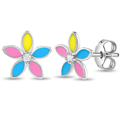 Fun Multicolor Summer Flower Kids Teen Earrings Enamel Sterling Si