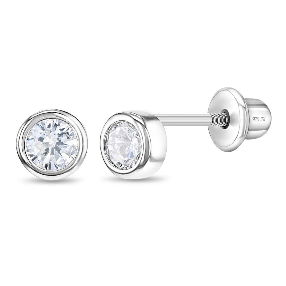 925 Sterling Silver 4mm Bezel Cubic Zirconia Toddler Girls Safety Screw  Back Earrings - Locking Back Stud Earrings for Babies to Young Girls 